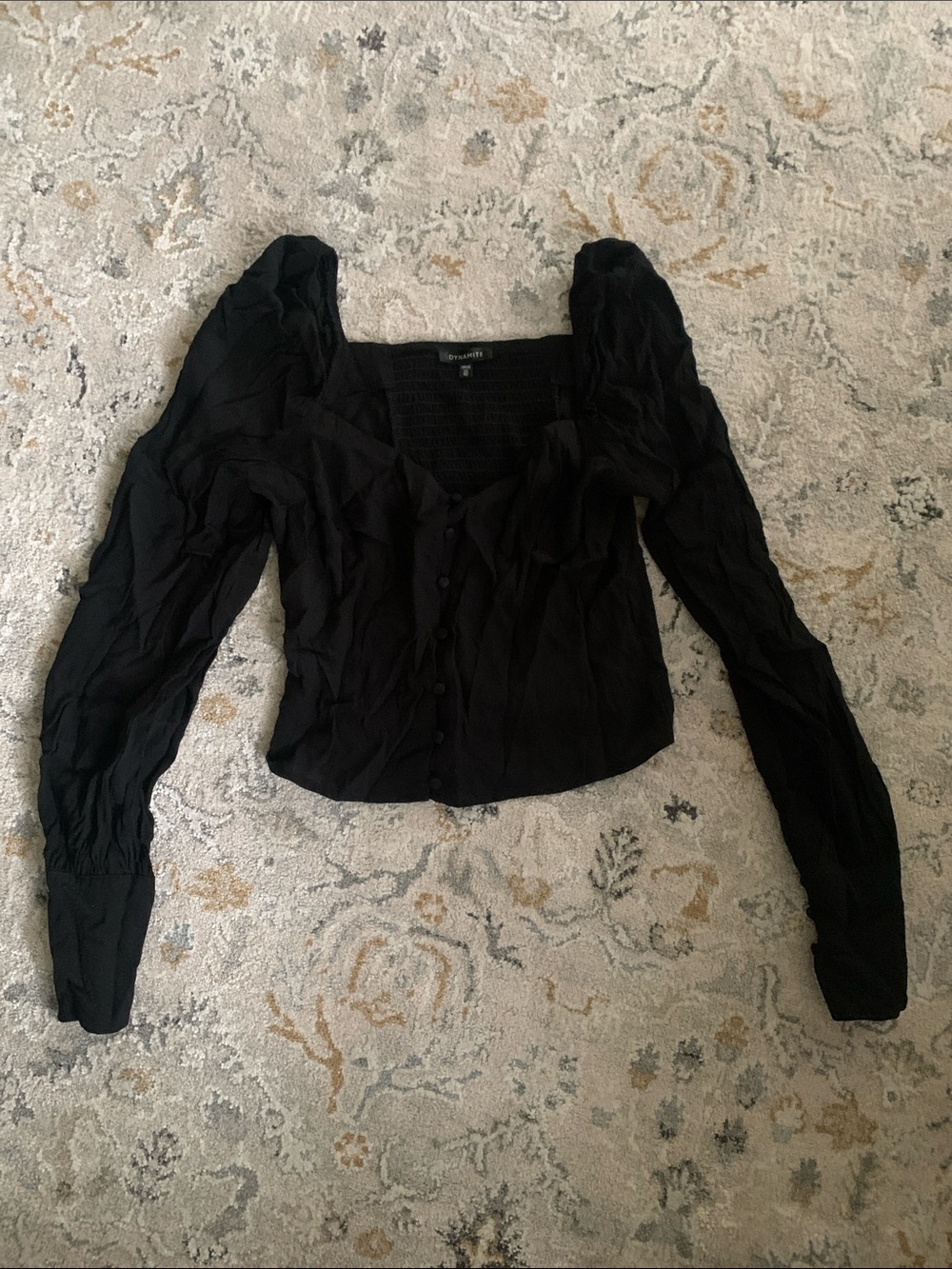 Black Square Neck Puff-Sleeve Button Front Blouse